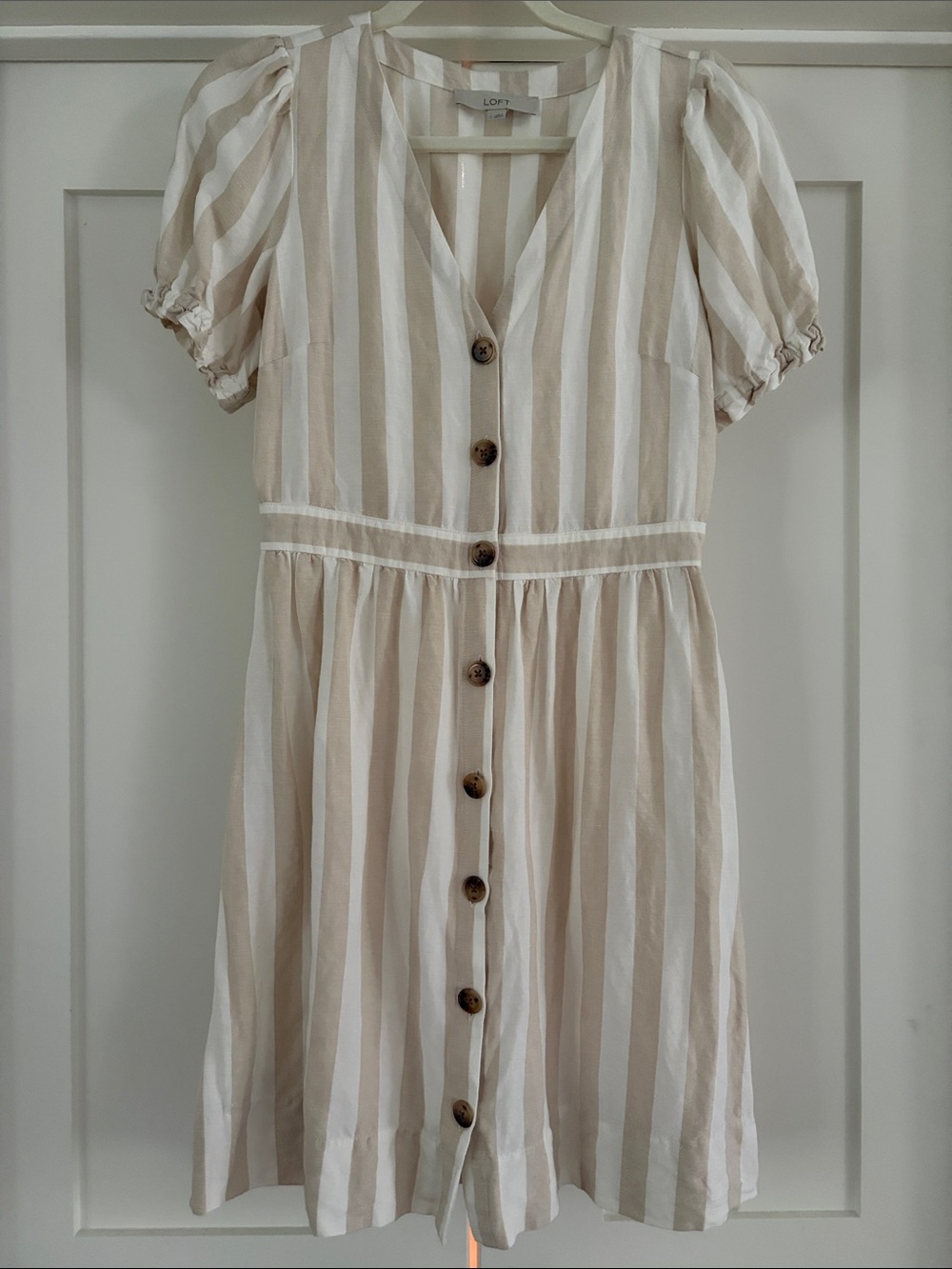 LOFT Beige and Cream Vertical-Stripe Button-Front Linen Blend Feminine Dress, 2